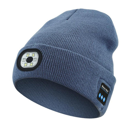Light Blue Removable LED Bluetooth Headphone Beanie - Washable Knit Hat with 3-Level LED Illumination & Stereo Sound, USB Rechargeable.