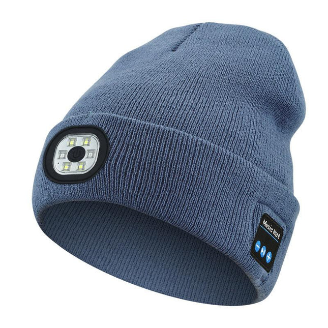 Light Blue Removable LED Bluetooth Headphone Beanie - Washable Knit Hat with 3-Level LED Illumination & Stereo Sound, USB Rechargeable.