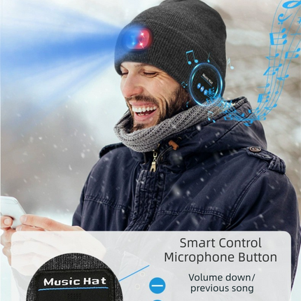 Green Removable LED Bluetooth Headphone Beanie - Washable Knit Hat with 3-Level LED Illumination & Stereo Sound, USB Rechargeable.
