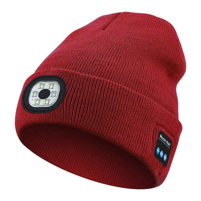 Red Removable LED Bluetooth Headphone Beanie - Washable Knit Hat with 3-Level LED Illumination & Stereo Sound, USB Rechargeable.