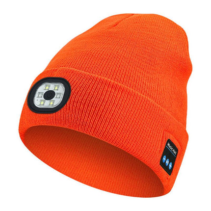 Orange Removable LED Bluetooth Headphone Beanie - Washable Knit Hat with 3-Level LED Illumination & Stereo Sound, USB Rechargeable.