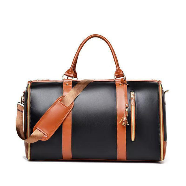 Brown 56-75L Large Capacity Foldable Garment Duffel Bag with Shoe Pouch - PU Leather Convertible Suit Carrier, Anti-Wrinkle Travel & Weekender Bag.