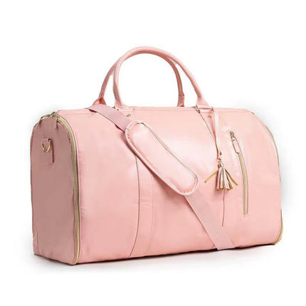 Pink 56-75L Large Capacity Foldable Garment Duffel Bag with Shoe Pouch - PU Leather Convertible Suit Carrier, Anti-Wrinkle Travel & Weekender Bag.