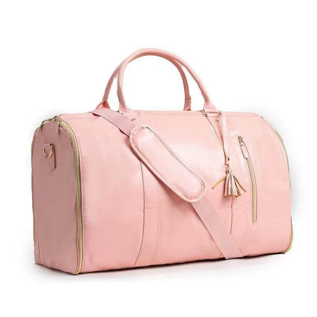 Pink 56-75L Large Capacity Foldable Garment Duffel Bag with Shoe Pouch - PU Leather Convertible Suit Carrier, Anti-Wrinkle Travel & Weekender Bag.