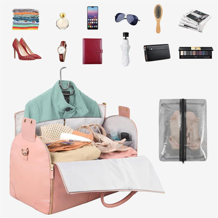 Pink 56-75L Large Capacity Foldable Garment Duffel Bag with Shoe Pouch - PU Leather Convertible Suit Carrier, Anti-Wrinkle Travel & Weekender Bag.