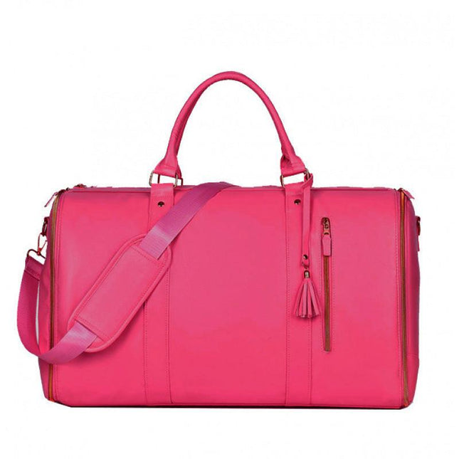 Rose-Red 56-75L Large Capacity Foldable Garment Duffel Bag with Shoe Pouch - PU Leather Convertible Suit Carrier, Anti-Wrinkle Travel & Weekender Bag.