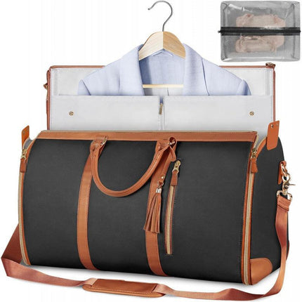 Black 56-75L Large Capacity Foldable Garment Duffel Bag with Shoe Pouch - PU Leather Convertible Suit Carrier, Anti-Wrinkle Travel & Weekender Bag.