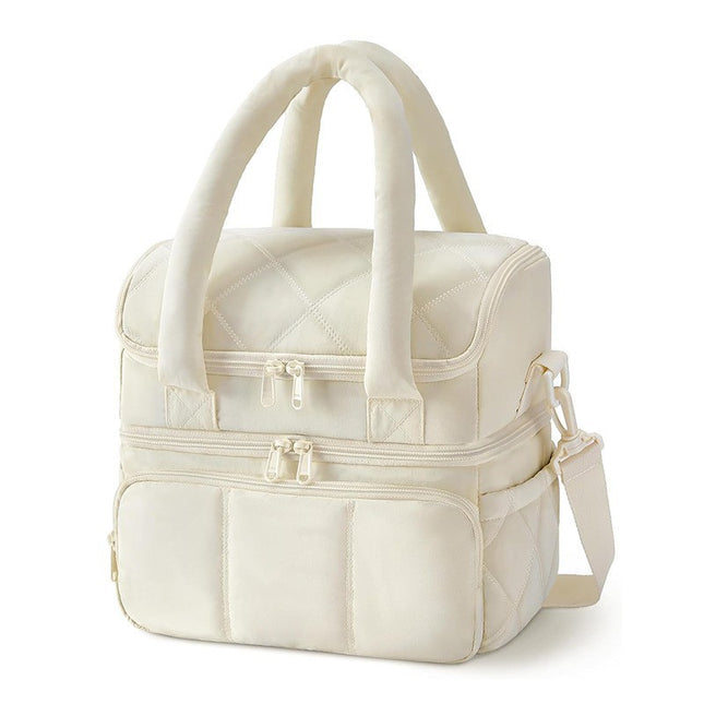 Beige Double-Layer Insulated Quilted Puffer Lunch Bag(10 x 7 x 10 inch) - Large Capacity Picnic Cooler Tote, Long-Lasting Hot/Cold Retention.
