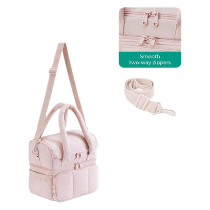Beige Double-Layer Insulated Quilted Puffer Lunch Bag(10 x 7 x 10 inch) - Large Capacity Picnic Cooler Tote, Long-Lasting Hot/Cold Retention.