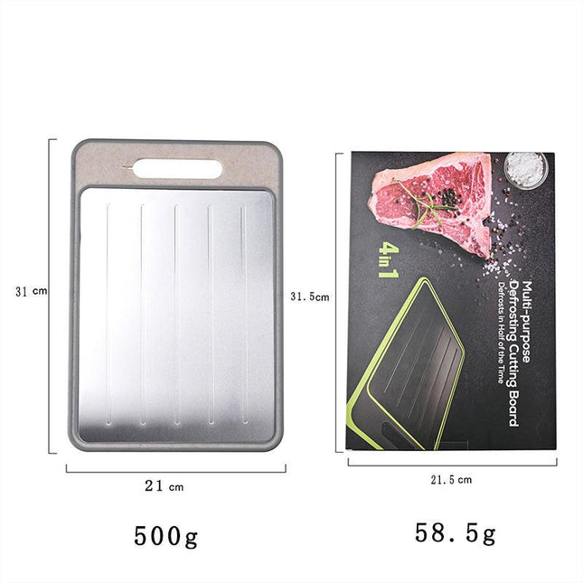 Beige Aluminum Fast Thawing Dual-Sided Cutting Board(31x21CM) - Multifunctional Kitchen Tool with Garlic Grinder and Knife Sharpener.