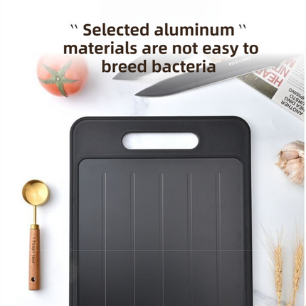 Beige Aluminum Fast Thawing Dual-Sided Cutting Board(31x21CM) - Multifunctional Kitchen Tool with Garlic Grinder and Knife Sharpener.