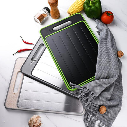 Black Aluminum Alloy Fast Thawing Dual-Sided Cutting Board(36.5x25CM) - Multifunctional Kitchen Tool with Garlic Grinder and Knife Sharpener.