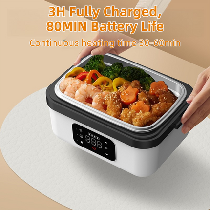 1L White Cordless Waterless Heated Lunch Box - Portable 304 Stainless Steel Bento Box for Picnic Students Office Workers, Timed Insulation & USB Rechargeable.
