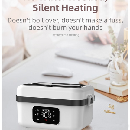 1L White Cordless Waterless Heated Lunch Box - Portable 304 Stainless Steel Bento Box for Picnic Students Office Workers, Timed Insulation & USB Rechargeable.