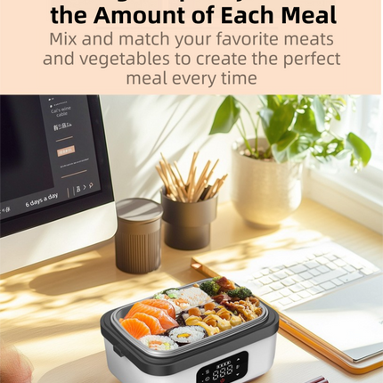 1L Black Cordless Waterless Heated Lunch Box - Portable 304 Stainless Steel Bento Box for Picnic Students Office Workers, Timed Insulation & USB Rechargeable.