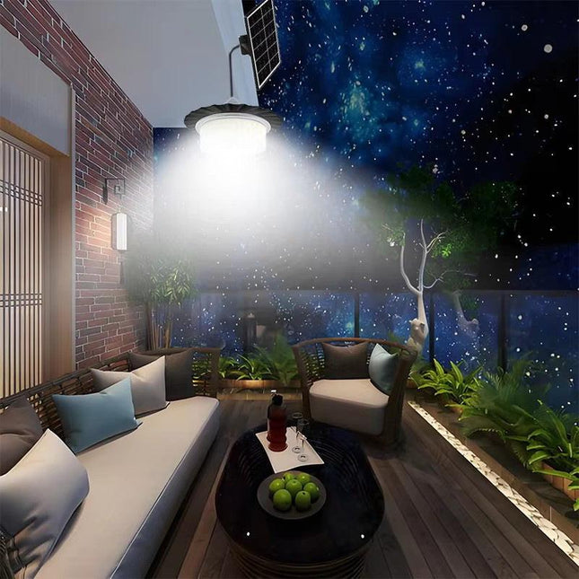244 LED Solar Motion Sensor Pendant Light - IP65 Waterproof Barn/Patio Light with 4 Remote Modes and High Lumen Output.