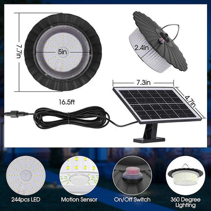 244 LED Solar Motion Sensor Pendant Light - IP65 Waterproof Barn/Patio Light with 4 Remote Modes and High Lumen Output.