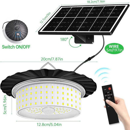 244 LED Solar Motion Sensor Pendant Light - IP65 Waterproof Barn/Patio Light with 4 Remote Modes and High Lumen Output.
