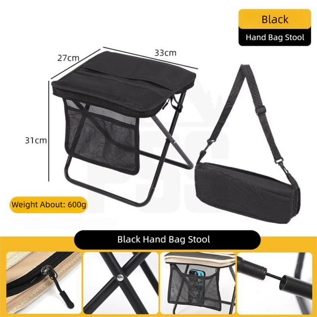 Black Foldable Compact Handbag With Stool -  Ultralight Travel Seat with Storage Pockets for Fishing, Hiking & Outdoor Activities.