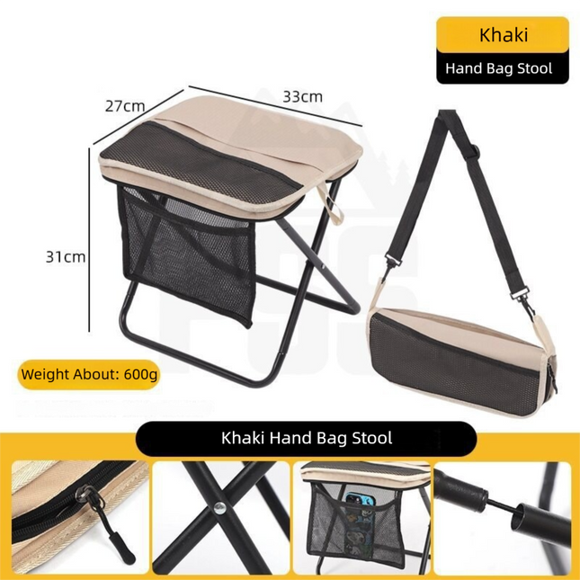 Khaki Foldable Compact Handbag With Stool -  Ultralight Travel Seat with Storage Pockets for Fishing, Hiking & Outdoor Activities.