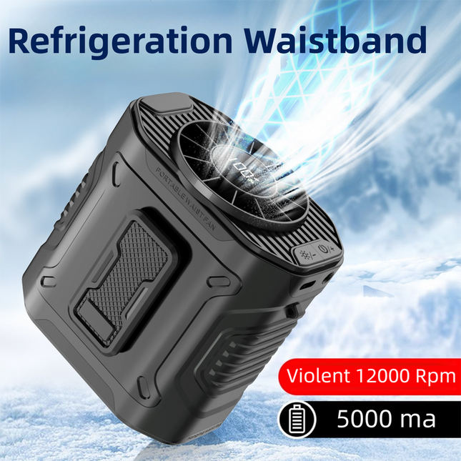 Black Portable Waist Fan - Construction Site Cooling Solution with 360° Turbo Ice Engine, 100 Speed Gears, and LED Light.