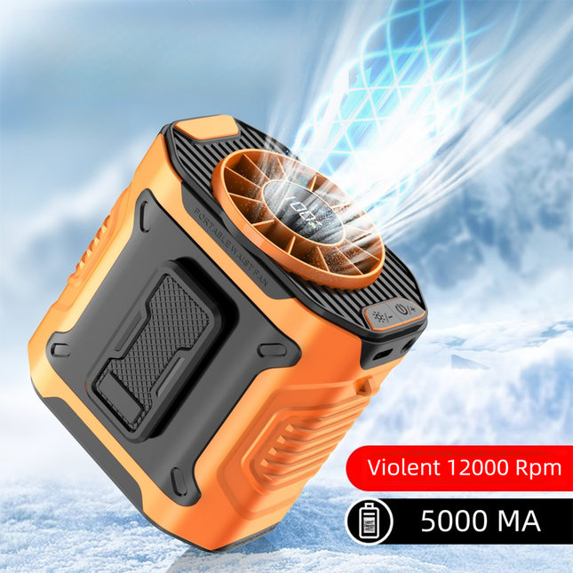 Orange Portable Waist Fan - Construction Site Cooling Solution with 360° Turbo Ice Engine, 100 Speed Gears, and LED Light.