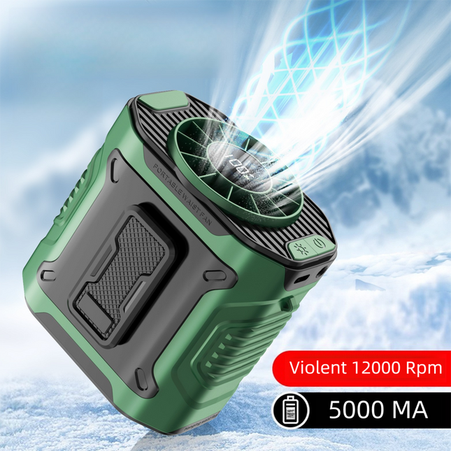 Dark Green Portable Waist Fan - Construction Site Cooling Solution with 360° Turbo Ice Engine, 100 Speed Gears, and LED Light.