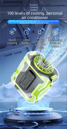 Dark Green Portable Waist Fan - Construction Site Cooling Solution with 360° Turbo Ice Engine, 100 Speed Gears, and LED Light.