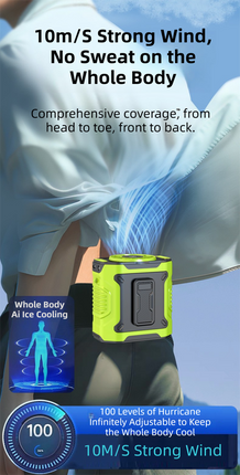 Dark Green Portable Waist Fan - Construction Site Cooling Solution with 360° Turbo Ice Engine, 100 Speed Gears, and LED Light.
