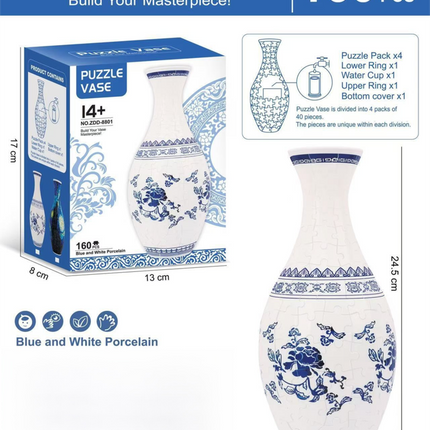 160 PCS Blue and White Porcelain 3D Puzzle Vase - DIY Interlocking Flower Vase Kit, Home Decorative and Toy Gift for Women.