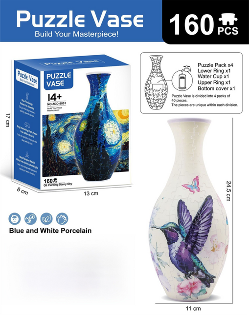 160 PCS Hummingbird 3D Puzzle Vase - DIY Interlocking Flower Vase Kit, Home Decorative and Toy Gift for Mom.