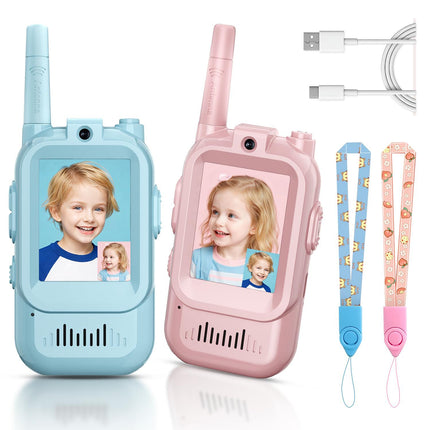 2-Pack Mini Wireless Video Intercom Set for Children(Blue & Pink) - Educational and Interactive Dual-Frequency Walkie Talkie Toy for Playtime.