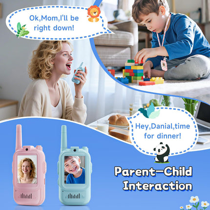 2-Pack Mini Wireless Video Intercom Set for Children(Blue & Pink) - Educational and Interactive Dual-Frequency Walkie Talkie Toy for Playtime.
