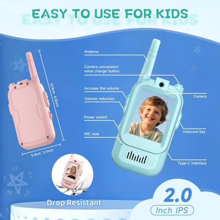 2-Pack Mini Wireless Video Intercom Set for Children(Blue & Pink) - Educational and Interactive Dual-Frequency Walkie Talkie Toy for Playtime.