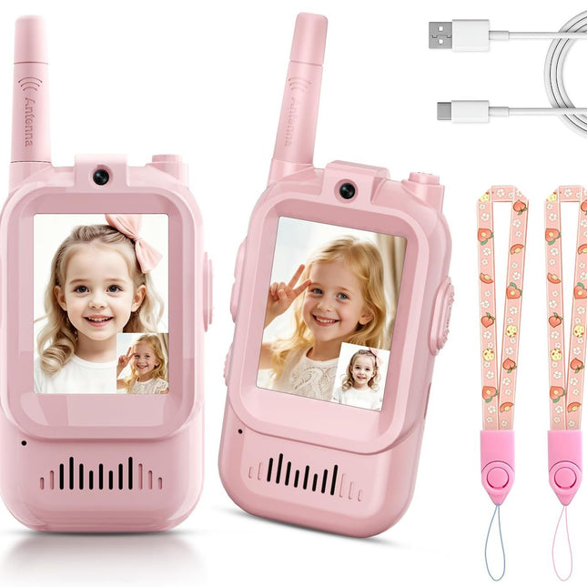2-Pack Mini Wireless Video Intercom Set for Children(Pink) - Educational and Interactive Dual-Frequency Walkie Talkie Toy for Playtime.