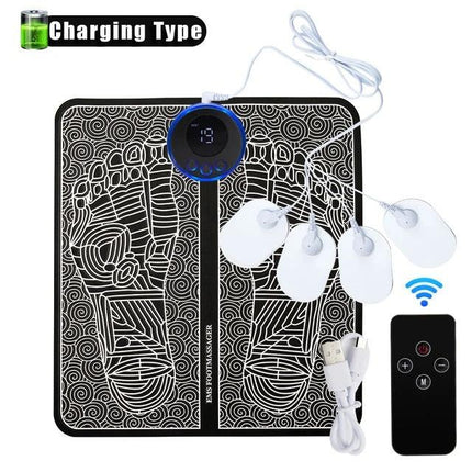 EMS Foot Massager Mat With 4 Adhesive Pads & Remote Control - Pulse Device for Foot Reflexology, Deep Tissue Massage, and Acupressure Stimulation.