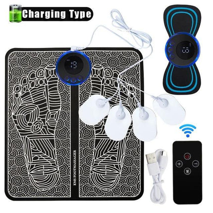 EMS Foot Massager Mat With Neck Patch + 4 Adhesive Pads + Remote Control  - Pulse Device for Foot Reflexology, Deep Tissue Massage and Acupressure Stimulation.