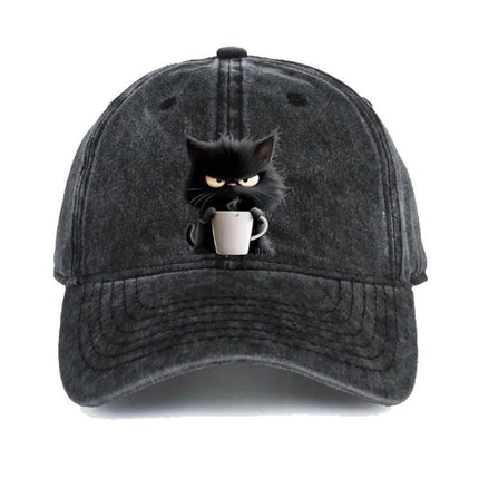 Black Washed Cotton Baseball Cap with Cat Print - Spring/Summer Casual Adjustable Unisex Couple Sun Hat.