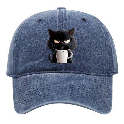 Blue Washed Cotton Baseball Cap with Cat Print - Spring/Summer Casual Adjustable Unisex Couple Sun Hat.
