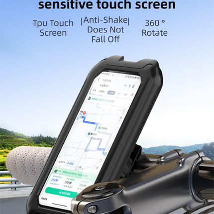 Black Bicycle Waterproof Phone Holder - Handlebar Mount with Sensitive Touch Screen, Anti-Drop & 360° Rotation Case for Navigation (Up to 7-inch Phones).