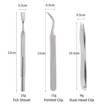 Stainless Steel Pet Tick Remover Tool Kit - Professional Fork, Double-Head Clip, and Curved Tweezers for Dogs and Cats.