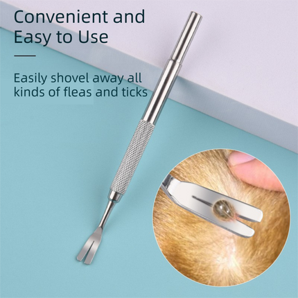 Stainless Steel Pet Tick Remover Tool Kit - Professional Fork, Double-Head Clip, and Curved Tweezers for Dogs and Cats.