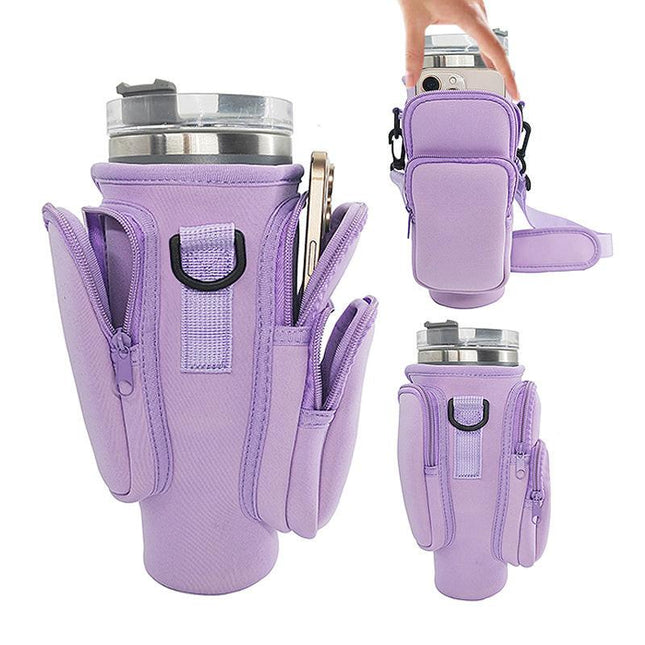 40oz Purple Insulated Tumbler Carrier Sleeve with Adjustable Shoulder Strap - Neoprene Triple-Pocket Holder for Outdoor and Car Use.
