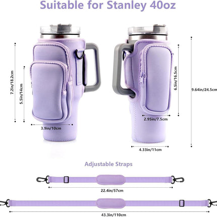 40oz Purple Insulated Tumbler Carrier Sleeve with Adjustable Shoulder Strap - Neoprene Triple-Pocket Holder for Outdoor and Car Use.