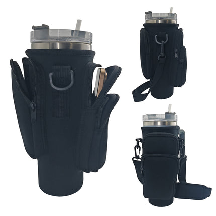 40oz Black Insulated Tumbler Carrier Sleeve with Adjustable Shoulder Strap - Neoprene Triple-Pocket Holder for Outdoor and Car Use.