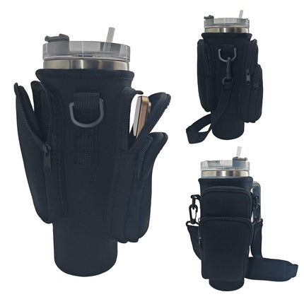 40oz Black Insulated Tumbler Carrier Sleeve with Adjustable Shoulder Strap - Neoprene Triple-Pocket Holder for Outdoor and Car Use.