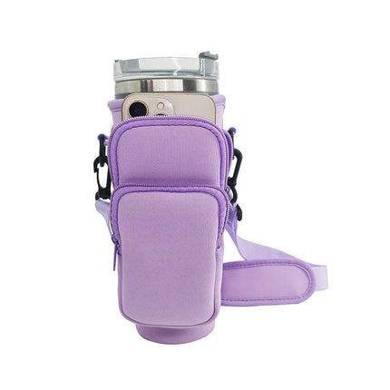 40oz Blue Insulated Tumbler Carrier Sleeve with Adjustable Shoulder Strap - Neoprene Triple-Pocket Holder for Outdoor and Car Use.