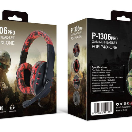 Camouflage Red Over-Ear Wired Gaming Headset with Microphone - Direct Plug-in E-Sports Headphones for PC, Console & Mobile Gaming.