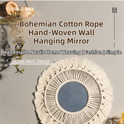 M0864 Bohemian Macrame Wall Hanging Mirror with Hand-Woven Petal Accents - Artistic Round Fringe Mirror for Home Decor.
