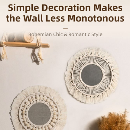 M0864 Bohemian Macrame Wall Hanging Mirror with Hand-Woven Petal Accents - Artistic Round Fringe Mirror for Home Decor.